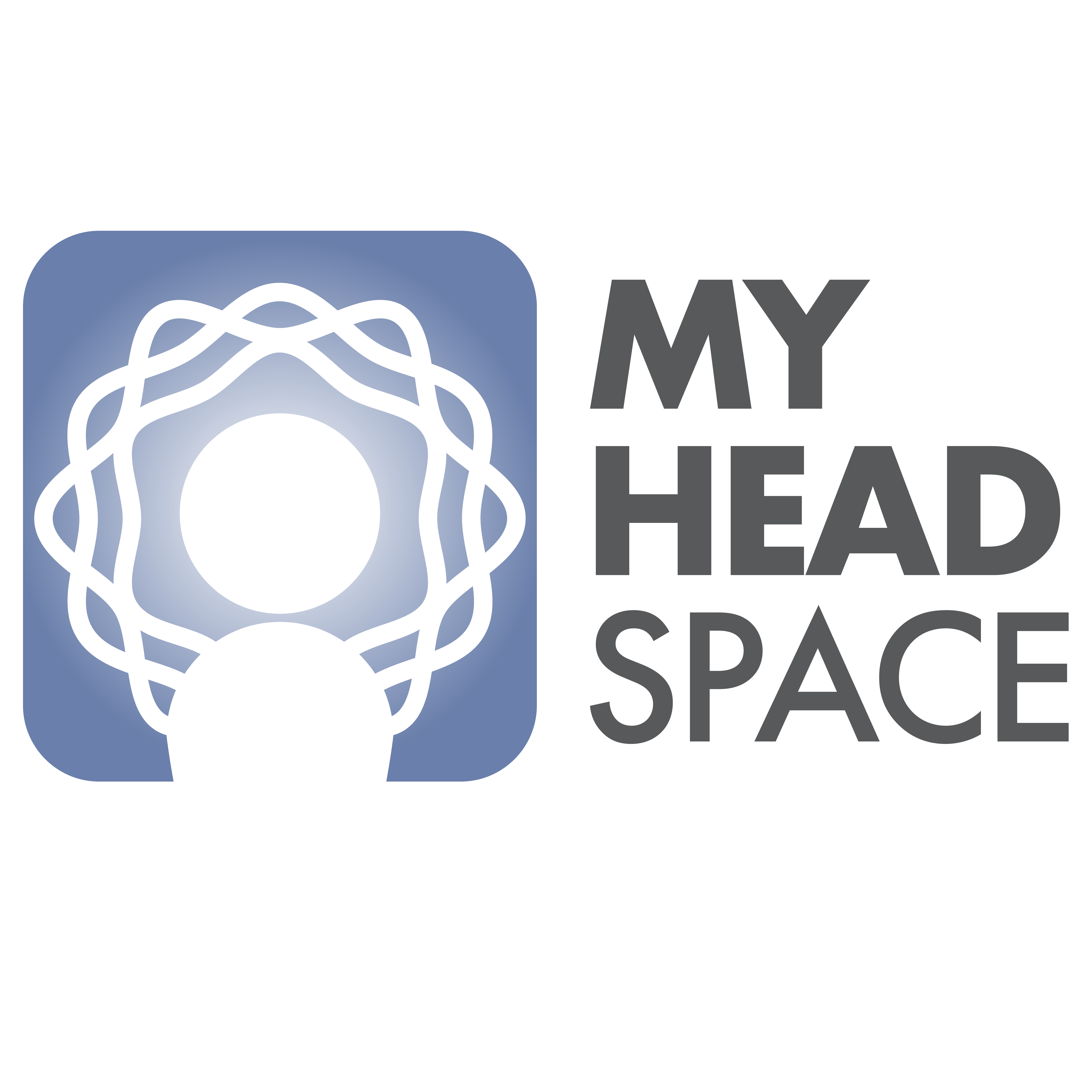Logo of My Head Space, featuring an outline of a human head and shoulders in white, surrounded by concentric, interwoven circles in shades of blue, with the text 'MY HEAD SPACE' in uppercase, bold letters to the right.